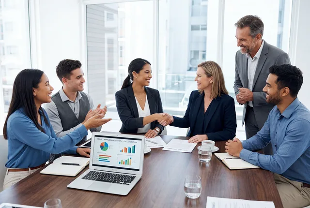 meeting, conference, business, office, team, collaboration, agreement, handshake, partnership, corporate, professional, discussion, presentation, chart, graph, laptop, documents, strategy, negotiation, success, leadership, workplace, formal, ai generated. How to vet content agencies with a structured method for buying teams